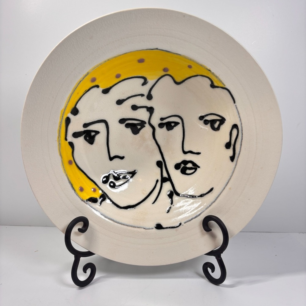 Vtg 80s Pop Art Picasso Style Ceramic Charger Bowl Faces Signed Lampert 9.75"
